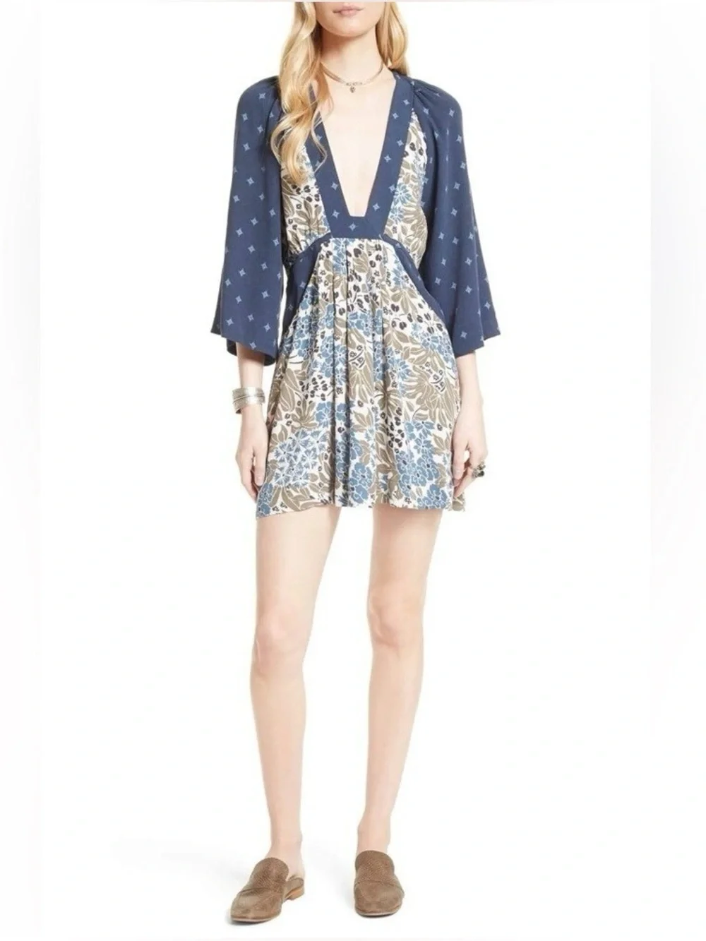 Free People Tululla Floral Patchwork Deep V Boho Mini Tunic Dress XS